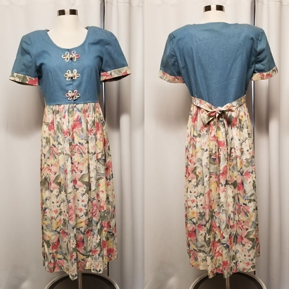 Vintage 90s y2k Pink Floral Cottagecore Blue Denim Homeschool Mom Jumper Dress 6